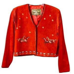 Patricia Wolf VINTAGE Hand Painted Western Fringe Pig Suede Jacket